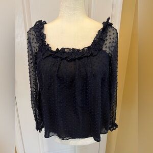 J. Crew Silk Clip Dot Shirt With Sheer Sleeves Navy Sz. X-Small